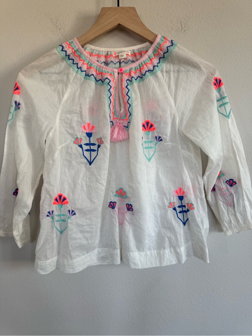 J Crew Crewcuts Embroidered 100% Cotton Boho Tassel Top White Girls Size 12